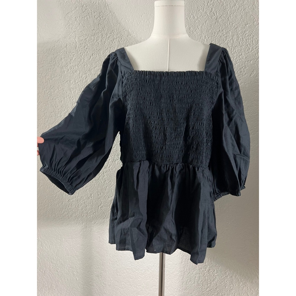 Ava & Viv Plus Size 1X Black Cotton Smocked Bodice Square Neck Peplum Top